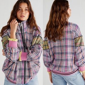 Free People Plaid Bomber Jacket in Pink, Yellow, Green